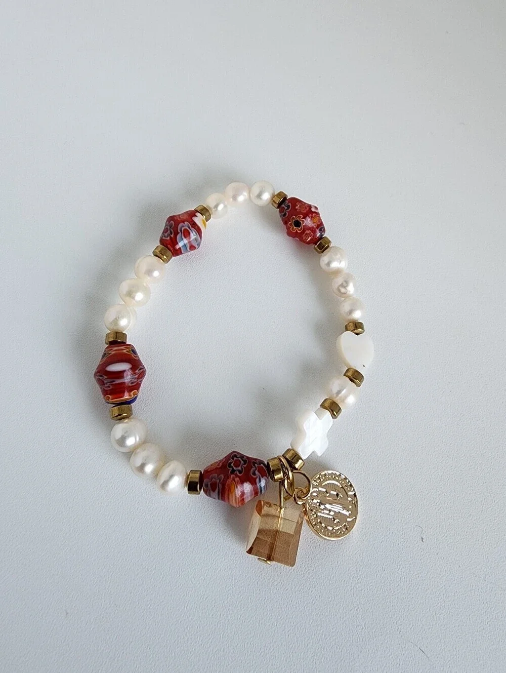 Baroque Freshwater Pearl Millefiori Charm Bracelet Gold Tone